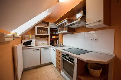 a small kitchen with white appliances and brown cabinets at Apartments Moravske Toplice in Moravske Toplice