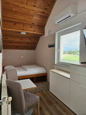 a small room with a bed and a window at Dežman Apartments & Rooms in Kranj