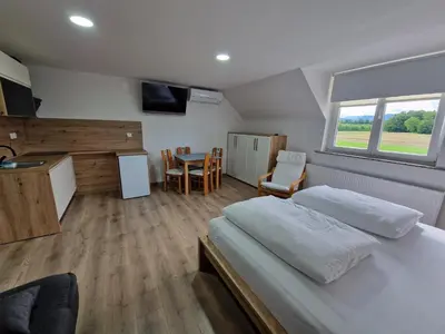 a bedroom with a bed and a kitchen and a table at Dežman Apartments & Rooms in Kranj