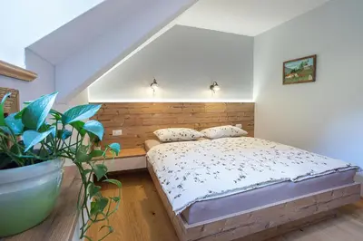 a bedroom with a bed and a potted plant at Apartments Tourist farm Matijovc in Naklo
