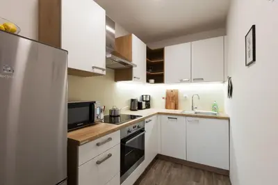 a kitchen with white cabinets and a refrigerator at Felix apartment Tour As Ljubljana in Ljubljana