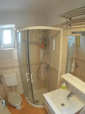 a bathroom with a shower and a toilet and a sink at The Place in Ljubljana