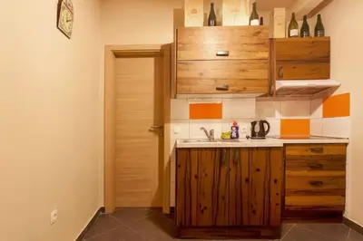 a kitchen with a sink and wooden cabinets at Beer & wine cellar in Ljubljana