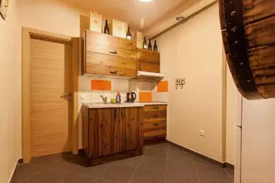 a small kitchen with a sink and a refrigerator at Beer & wine cellar in Ljubljana