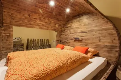 a bedroom with a large bed with a wooden wall at Beer & wine cellar in Ljubljana