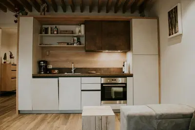 a kitchen with a sink and a stove at Villa Mojca - Jasna&Jelka Apartments, Central Location with Private Garage and Alpine View in Kranjska Gora