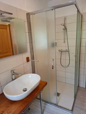 a bathroom with a sink and a shower at APARTMA ANA IDA in Srpenica