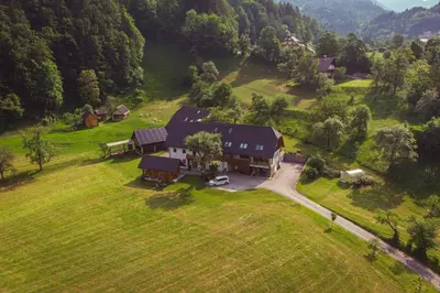 an aerial view of a house on a green field at Apartments Tourist Farm Štorman with EV Ch-Station in Tržič