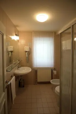 a bathroom with a sink and a toilet and a shower at Apartments Villa Boltez in Kranj