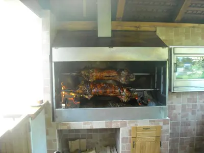 two chickens are cooking in an outdoor oven at Guest House Čater in Laško