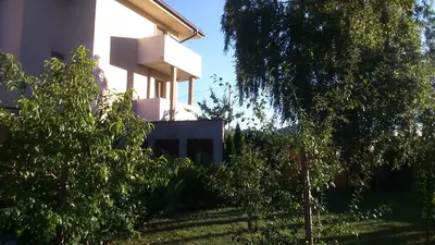 a house with trees in front of a building at Vila Ema Apartments and Rooms in Ljubljana
