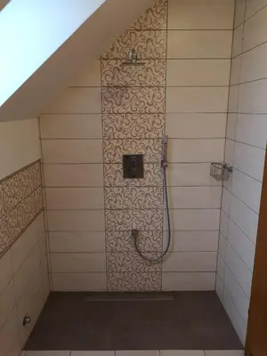 a shower in a bathroom with a stone wall at Entire house Iris & Arnika in Bled