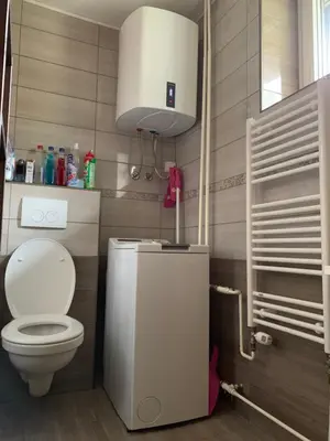 a bathroom with a white toilet and a sink at Entire house Iris & Arnika in Bled