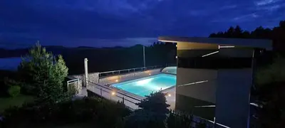 a swimming pool in front of a house at night at Apartments Za Grapo in Cerkno