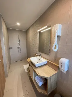 a bathroom with a sink and a shower at Hiša Aleš in Kranj