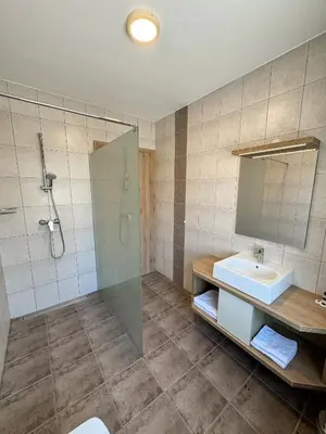 a bathroom with a shower and a sink and a mirror at Hiša Aleš in Kranj