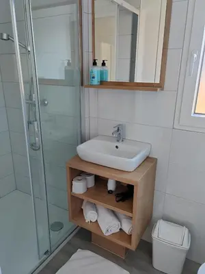 a bathroom with a sink and a shower at Prenočišča Kogoj in Miren