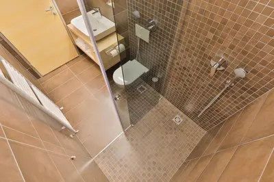 a bathroom with a shower with a toilet and a mirror at Prenočišča Kogoj in Miren