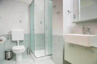 a bathroom with a shower and a toilet and a sink at Zoi Apartments in Dobrovo