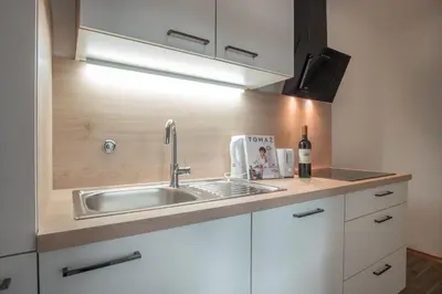 a kitchen with a sink and a bottle of wine at River View Apartment in Ljubljana