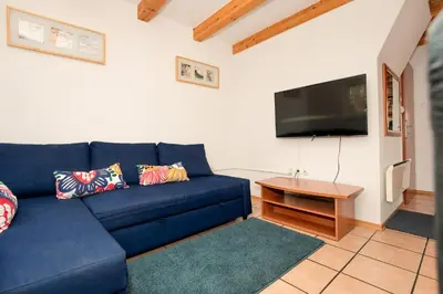 a blue couch in a living room with a tv at Apartmajske hiške Lubadarček in Podčetrtek