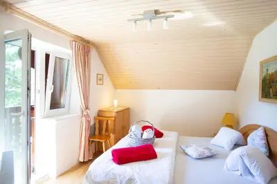 a bedroom with two beds and a window at APARTMENT CHALET -BOHINJ- Pokljuka- Triglav National Park in Koprivnik v Bohinju