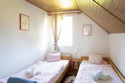 two beds in a room with a window at APARTMENT CHALET -BOHINJ- Pokljuka- Triglav National Park in Koprivnik v Bohinju