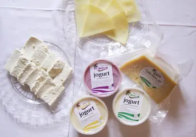 a table topped with different types of cheeses and cheese at B&B Pod Skalo in Kamnik
