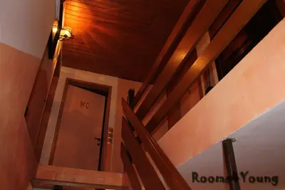 a hallway with a wooden stairway with a door at Rooms4Young in Ljubljana