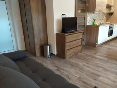 a living room with a couch and a tv and a kitchen at Gostilna Ulčar in Ig