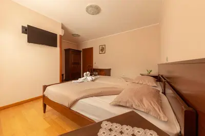 a bedroom with a large bed with a tv on the wall at Guest House Pod Slavnikom in Podgorje