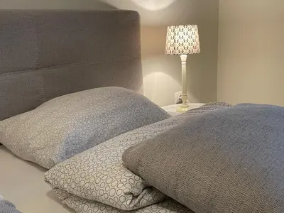 a bed with a pillow and a lamp on a table at Apartment Amy in Podčetrtek