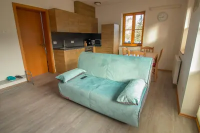 a living room with a couch and a kitchen at Apartments & Rooms Pr' Skalovc in Bohinj