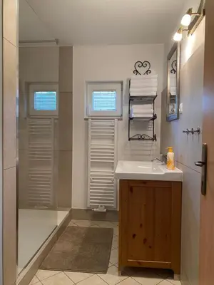 a bathroom with a sink and a shower at Apartments Vila Cvetka Bled in Bled