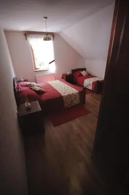 a bedroom with two beds and a window at Merkež Guest House in Bizeljsko