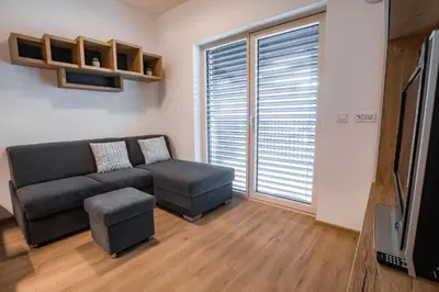 a living room with a couch and a large window at Vila Mojca Apartma Eva-Neža, Kranjska Gora (center) in Kranjska Gora