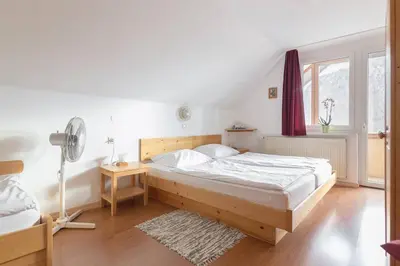 a bedroom with a wooden bed and a window at Apartment house Jager in Bohinj