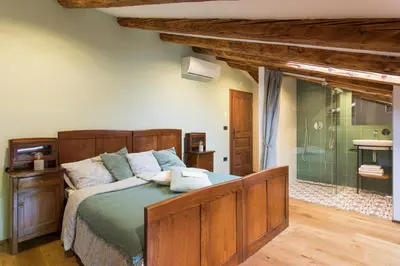 a bedroom with a large bed and a shower at Špacapanova hiša in Komen