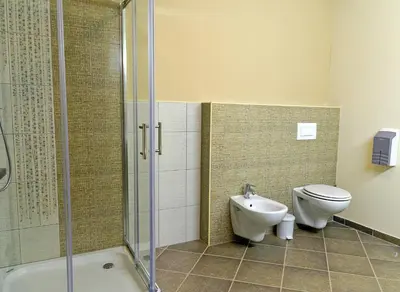 a bathroom with a shower and a toilet and a sink at Hostel Plus Caffe in Petrovče