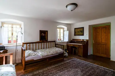 a bedroom with a bed and a desk in it at House, Garden and a Green Cat in Bled