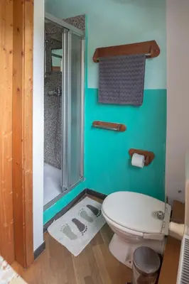 a bathroom with a white toilet and a shower at Cozy, Bright and Affordable Single Studio - Free Parking in Ljubljana