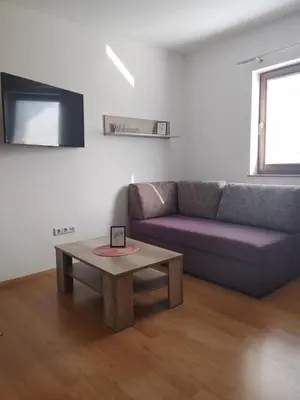 a living room with a purple couch and a coffee table at Apartma Katja in Mojstrana