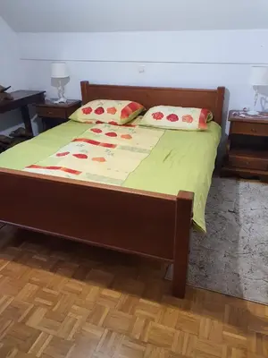 a bedroom with a bed with green sheets and red pillows at Terme Čatež Apartma Nine in Čatež ob Savi