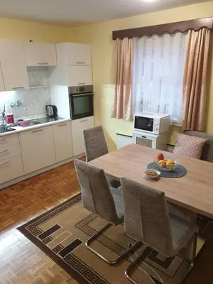 a kitchen and dining room with a wooden table and chairs at Terme Čatež Apartma Nine in Čatež ob Savi
