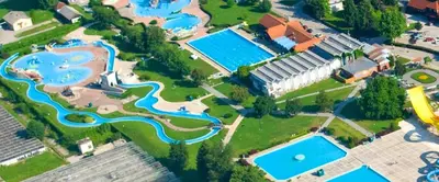 an aerial view of a resort with several pools at Terme Čatež Apartma Nine in Čatež ob Savi