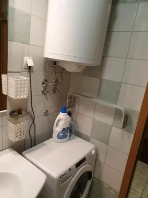 a washing machine with a bottle of detergent on top of it at Terme Čatež Apartma Nine in Čatež ob Savi