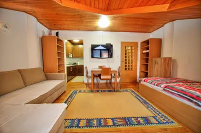 a living room with a couch and a table at Apartment Viki in Kranjska Gora