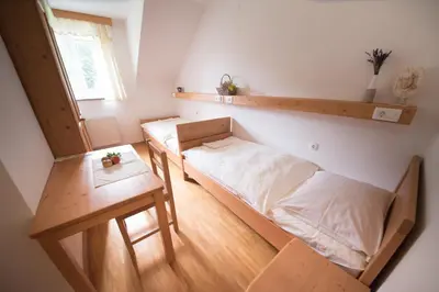 a small room with two beds and a table at Tourist Farm Pr'Dovar in Cerklje na Gorenjskem