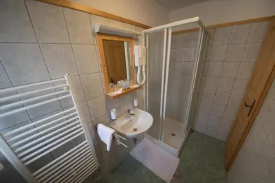 a bathroom with a sink and a shower at Tourist Farm Pr'Dovar in Cerklje na Gorenjskem