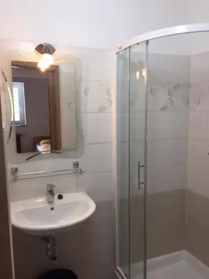 a bathroom with a sink and a glass shower at Youth Hostel Nika in Kranjska Gora